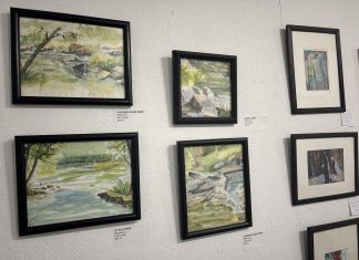 Artist collective A Place for the Arts in Bancroft has launched their annual Christmas in the Annex exhibition, running until December 28, 2025, that features works from more than 20 artists, each priced for $50 or less. Not only does the exhibition provide the opportunity to get original locally made artwork at an accessible price, but it gives the artists opportunity to see the public response to new mediums and methods. (Photo: Megan Gallant / kawarthaNOW)