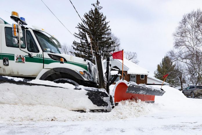 The City of Peterborough's public work crews deploy 18 plow trucks, 11 sidewalk plows, two graders, seven loaders and backhoes, and four light sanding units with winter abrasives and de-icers to clear and treat 1,028 kilometres of roads, 412 kilometres of sidewalks, 44 kilometres of trails, 29 municipal parking lots, and 650 bus stops. (Photo: City of Peterborough)