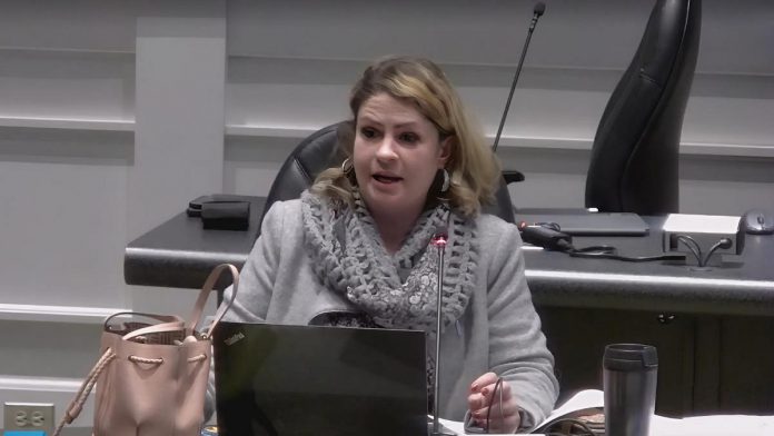 Clarington councillor Corinna Traill speaks during a regular council meeting on November 17, 2025. (kawarthaNOW screenshot of Municipality of Clarington video)