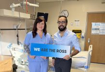 Tara Smith, respiratory therapy charge technologist at Ross Memorial Hospital (RMH) in Lindsay, and Imran Syed, son of late former RMH physician Dr. Azhar Syed, in the intensive care unit at the Lindsay hospital. Friends and family of Dr. Syed visited RMH on December 8, 2025 to present a cheque representing proceeds raised through the memorial golf tournament held in his honour in September in Oakwood. (Photo courtesy of RMH Foundation)