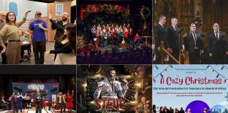 encoreNOW for December 1, 2025 features (from left to right, top and bottom) Peterborough Theatre Guild's "The Emperor's New Clothes" at the Guild Hall, "Quartom Sings Noel" with the Peterborough Symphony Orchestra at Emmanuel United Church, New Stages Theatre's "It's A Wonderful Life: A Live Radio Play" at Peterborough's Market Hall Performing Arts Centre, "Elvis' Wonderful World of Christmas" featuring Steve Michaels at Lindsay's Academy Theatre, and the Foley family's "A Cozy Christmas" as Peterborough's Showplace Performance Centre. (kawarthaNOW collage)