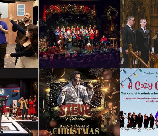 encoreNOW for December 1, 2025 features (from left to right, top and bottom) Peterborough Theatre Guild's "The Emperor's New Clothes" at the Guild Hall, "Quartom Sings Noel" with the Peterborough Symphony Orchestra at Emmanuel United Church, New Stages Theatre's "It's A Wonderful Life: A Live Radio Play" at Peterborough's Market Hall Performing Arts Centre, "Elvis' Wonderful World of Christmas" featuring Steve Michaels at Lindsay's Academy Theatre, and the Foley family's "A Cozy Christmas" as Peterborough's Showplace Performance Centre. (kawarthaNOW collage)
