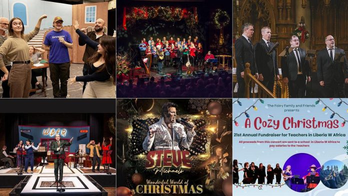 encoreNOW for December 1, 2025 features (from left to right, top and bottom) Peterborough Theatre Guild's "The Emperor's New Clothes" at the Guild Hall, "Quartom Sings Noel" with the Peterborough Symphony Orchestra at Emmanuel United Church, New Stages Theatre's "It's A Wonderful Life: A Live Radio Play" at Peterborough's Market Hall Performing Arts Centre, "Elvis' Wonderful World of Christmas" featuring Steve Michaels at Lindsay's Academy Theatre, and the Foley family's "A Cozy Christmas" as Peterborough's Showplace Performance Centre. (kawarthaNOW collage) encoreNOW for December 1, 2025 features (from left to right, top and bottom) Peterborough Theatre Guild's "The Emperor's New Clothes" at the Guild Hall, "Quartom Sings Noel" with the Peterborough Symphony Orchestra at Emmanuel United Church, New Stages Theatre's "It's A Wonderful Life: A Live Radio Play" at Peterborough's Market Hall Performing Arts Centre, "Elvis' Wonderful World of Christmas" featuring Steve Michaels at Lindsay's Academy Theatre, and the Foley family's "A Cozy Christmas" as Peterborough's Showplace Performance Centre. (kawarthaNOW collage)