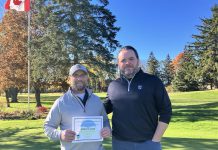 Peterborough Golf and Country Club’s golf course first in region to earn Audubon environmental certification Peterborough Golf and Country Club course superintendent Kevin Kobzan (left) and general manager Will Mitchell with their new Audubon Cooperative Sanctuary Program for Golf Courses certificate. This achievement required the club to undergo a rigorous, multi-year process detailing how they care for the property's ecosystems and sustainably manage their turf. (Photo: Jackie Donaldson / GreenUP)