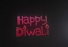 Drone shows offer a cleaner, quieter alternative to fireworks through the use of synchronized LED-equipped drones, which can be also powered by renewable energy. Pictured are some of the resulting patterns during a drone show in the City of Ottawa. (Photo: Binita Ann Mathew / GreenUP)