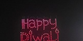 Drone shows offer a cleaner, quieter alternative to fireworks through the use of synchronized LED-equipped drones, which can be also powered by renewable energy. Pictured are some of the resulting patterns during a drone show in the City of Ottawa. (Photo: Binita Ann Mathew / GreenUP)