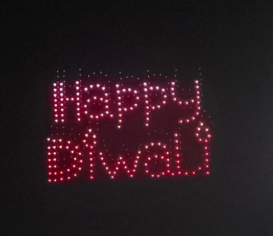 Drone shows offer a cleaner, quieter alternative to fireworks through the use of synchronized LED-equipped drones, which can be also powered by renewable energy. Pictured are some of the resulting patterns during a drone show in the City of Ottawa. (Photo: Binita Ann Mathew / GreenUP)