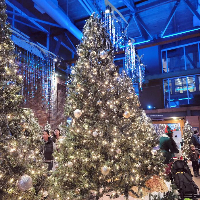 Celebrations can sparkle in many ways. Pictured is a Christmas tree setup for a celebration of joy and light during Distillery Winter Village 2025 in Toronto. The event featured projection art and musical performances that showcased local creativity without combustion. (Photo: Binita Ann Mathew / GreenUP)