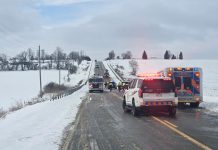 The scene of a two-vehicle collision on Highway 7A between Janetville Road and Yelverton Road south of Janetville on December 31, 2025. The driver of one of the vehicles involved in the collision was transported by air ambulance to a Toronto trauma centre. (Photo: Kawartha Lakes OPP)