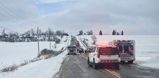 The scene of a two-vehicle collision on Highway 7A between Janetville Road and Yelverton Road south of Janetville on December 31, 2025. The driver of one of the vehicles involved in the collision was transported by air ambulance to a Toronto trauma centre. (Photo: Kawartha Lakes OPP)