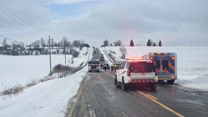 The scene of a two-vehicle collision on Highway 7A between Janetville Road and Yelverton Road south of Janetville on December 31, 2025. The driver of one of the vehicles involved in the collision was transported by air ambulance to a Toronto trauma centre. (Photo: Kawartha Lakes OPP)