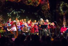 Carried Away (Tanah Haney, Rob Fortin, Susan Newman, John Hoffman, and Michael Ketemer) performing with the Convivio Chorus at the In From The Cold benefit concert for YES Shelter for Youth and Families on December 12, 2015. (Photo: Linda McIllwain / kawarthaNOW)