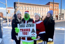 Even The Grinch is volunteering during "Loonies on the Street" on December 12, 2025 just outside of Peterborough Square at the corner of George and Simcoe Streets in downtown Peterborough. The 25th annual fundraiser to help keep the shelves stocked at Kawartha Food Share aims to raise at least $100,000 that will help feed over 14,000 people each month in the Peterborough area. (Photo: Kawartha Food Share)