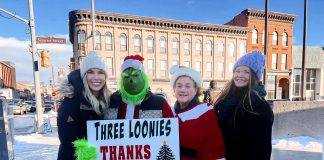 Even The Grinch is volunteering during "Loonies on the Street" on December 12, 2025 just outside of Peterborough Square at the corner of George and Simcoe Streets in downtown Peterborough. The 25th annual fundraiser to help keep the shelves stocked at Kawartha Food Share aims to raise at least $100,000 that will help feed over 14,000 people each month in the Peterborough area. (Photo: Kawartha Food Share)