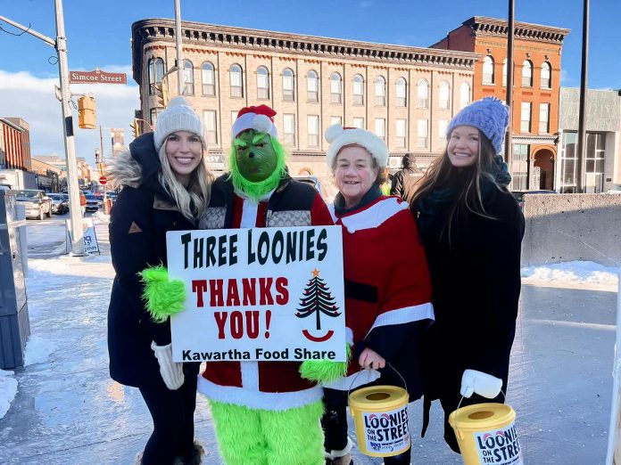 Even The Grinch is volunteering during "Loonies on the Street" on December 12, 2025 just outside of Peterborough Square at the corner of George and Simcoe Streets in downtown Peterborough. The 25th annual fundraiser to help keep the shelves stocked at Kawartha Food Share aims to raise at least $100,000 that will help feed over 14,000 people each month in the Peterborough area. (Photo: Kawartha Food Share) Even The Grinch is volunteering during "Loonies on the Street" on December 12, 2025 just outside of Peterborough Square at the corner of George and Simcoe Streets in downtown Peterborough. The 25th annual fundraiser to help keep the shelves stocked at Kawartha Food Share aims to raise at least $100,000 that will help feed over 14,000 people each month in the Peterborough area. (Photo: Kawartha Food Share)