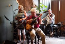 The Chester Babcock Trio (Rob Fortin on guitar and vocals, Susan Newman on vocals and melodica, and John Hoffman on fiddle, mandolin, and vocals) will perform classic jazz songs with special guests Dan Fortin on bass and Aaron Hoffman on piano at Jethro's Bar + Stage in downtown Peterborough on Friday evening. (Photo: Andy Carroll)