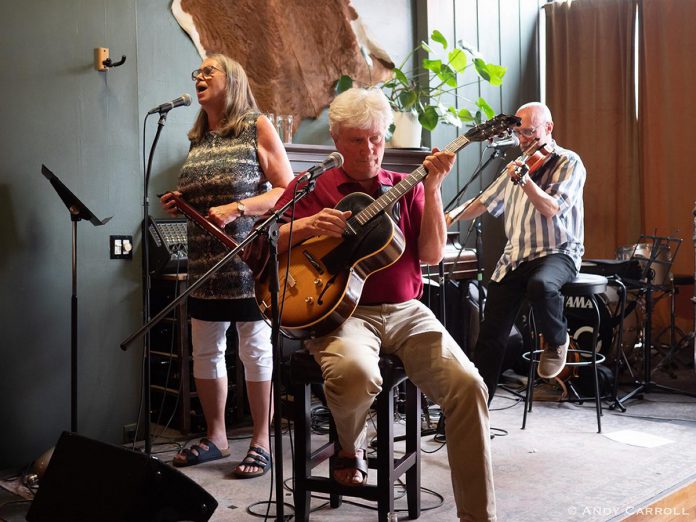 The Chester Babcock Trio (Rob Fortin on guitar and vocals, Susan Newman on vocals and melodica, and John Hoffman on fiddle, mandolin, and vocals) will perform classic jazz songs with special guests Dan Fortin on bass and Aaron Hoffman on piano at Jethro's Bar + Stage in downtown Peterborough on Friday evening. (Photo: Andy Carroll)