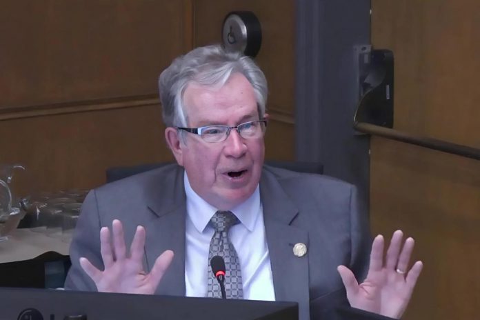 Peterborough Mayor Jeff Leal during a city council meeting. (kawarthaNOW screenshot of City of Peterborough video)