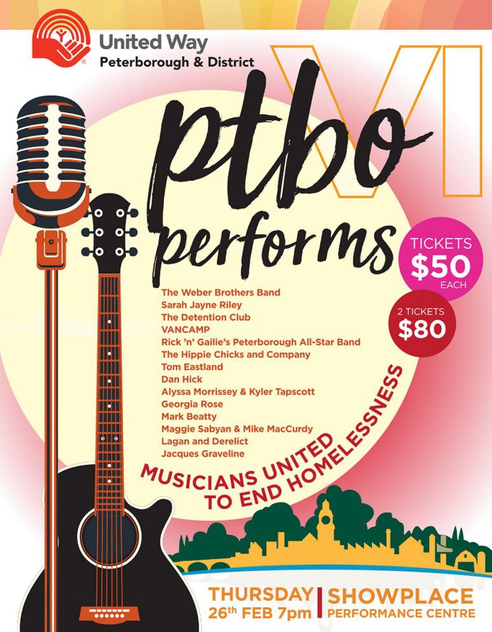 Tickets are available now for "Peterborough Performs VI: Musicians United To End Homelessness" at Showplace Performance Centre in downtown Peterborough on February 26, 2026, featuring 14 musical acts on two stages. Tickets are $50 each, or two for $80, with proceeds going towards United Way-supported shelters and partner agencies on the front lines of homelessness relief. (Poster: We Design Group)