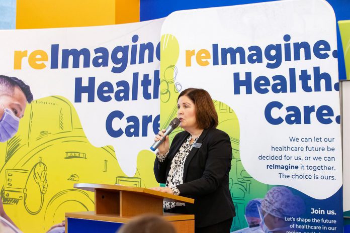 Lesley Heighway, president and CEO of the Peterborough Regional Health Centre (PRHC) Foundation, speaks during an event on December 9, 2025 to celebrate the opening of the hospital's three donor-funded interventional radiology suites. The $6 million investment saw the expansion and upgrade of two existing suites, the creation of a third, and the expansion of the preparation and recovery area. (Photo: Jordan Lyall / kawarthaNOW)