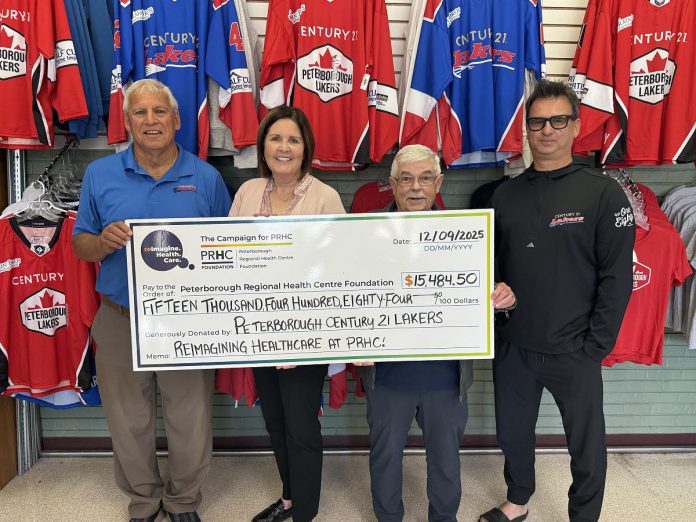 Len Powers, Randy Manning, and Pete Dalliday present Lesley Heighway, president and CEO of the Peterborough Regional Health Centre (PRHC) Foundation, with a cheque for $15,484.50 on behalf of the Peterborough Century 21 Lakers at the end of the 2025 season. The lacrosse team were ambassadors for the regional hospital throughout the season, hosting regular fundraisers for PRHC Foundation's $70 million Campaign for PRHC. (Photo courtesy of PRHC Foundation)