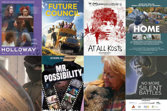 Six of the more than 40 social and environmental documentary films to be screened during the 2026 ReFrame Film Festival, which runs in person in downtown Peterborough from January 30 to February 1 and online across Canada from February 3 to 8. Pictured (left to right, top and bottom) are the feature films "Holloway," "Future Council," and "At All Kosts," along with local films "Home," "Echoes in the Steel," "Mr. Possibility,", "Shropshire Sheep Scandal," and "No More Silent Battles." (kawarthaNOW collage) Six of the more than 40 social and environmental documentary films to be screened during the 2026 ReFrame Film Festival, which runs in person in downtown Peterborough from January 30 to February 1 and online across Canada from February 3 to 8. Pictured (left to right, top and bottom) are the feature films "Holloway," "Future Council," and "At All Kosts," along with local films "Home," "Echoes in the Steel," "Mr. Possibility,", "Shropshire Sheep Scandal," and "No More Silent Battles." (kawarthaNOW collage)
