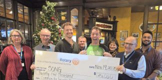 The Rotary Club of Northumberland Sunrise has provided a one-time grant of $25,000 to Sounds of the Next Generation (SONG) to advance SONG's mission to deliver free, socially inclusive, after-school, musical education to children and youth in Northumberland County. Pictured from left to right are Karen Trizzino, Scott Allison, SONG artistic director Lucas Marchand, Dave Houston, SONG executive director Miles Bowman, Denise O'Brien, Paul Racine, and Nizar Mawani. (Photo: Rotary Club of Northumberland Sunrise)