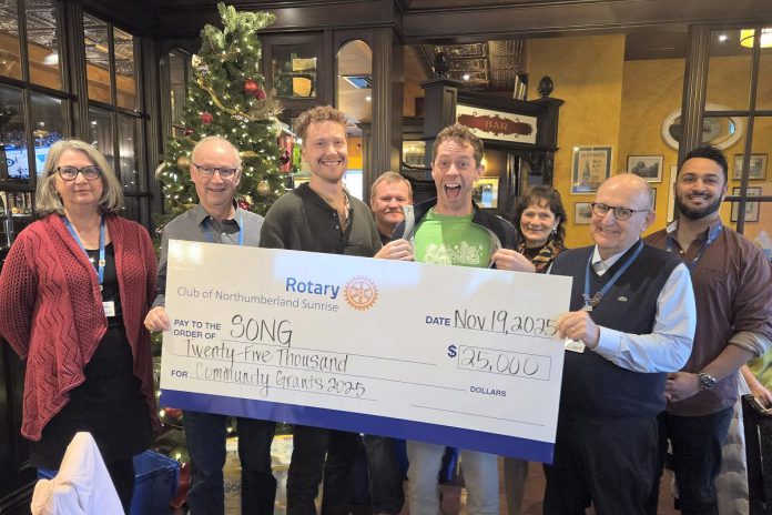 The Rotary Club of Northumberland Sunrise has provided a one-time grant of $25,000 to Sounds of the Next Generation (SONG) to advance SONG's mission to deliver free, socially inclusive, after-school, musical education to children and youth in Northumberland County. Pictured from left to right are Karen Trizzino, Scott Allison, SONG artistic director Lucas Marchand, Dave Houston, SONG executive director Miles Bowman, Denise O'Brien, Paul Racine, and Nizar Mawani. (Photo: Rotary Club of Northumberland Sunrise)