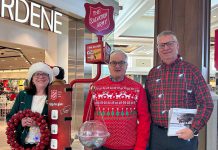 Peterborough city councillors Lesley Parnell (left) and Gary Baldwin (right) encouraged donations to The Salvation Army Peterborough at Lansdowne Place Mall during Celebrity Day on December 15, 2025. (Photo: The Salvation Army Peterborough / Facebook)