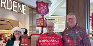 Peterborough city councillors Lesley Parnell (left) and Gary Baldwin (right) encouraged donations to The Salvation Army Peterborough at Lansdowne Place Mall during Celebrity Day on December 15, 2025. (Photo: The Salvation Army Peterborough / Facebook)