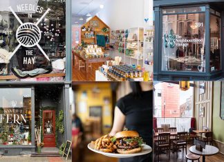 Shop the Boro: Find one-of-a-kind gifts and celebrate the holidays at the eclectic businesses of Water Street in downtown Peterborough From locally made gifts to holiday décor to hosting festive gatherings, locally owned independent small businesses on Water Street between Hunter and Simcoe streets in downtown Peterborough have you covered this holiday season, including Needles in the Hay, Watson & Lou, The Neighbourhood Vintage, Sweet Fern Floral Studio, and St Veronus and Bijoux Bar. (kawarthaNOW collage)