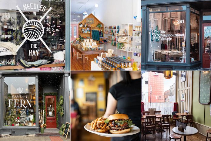 From locally made gifts to holiday décor to hosting festive gatherings, locally owned independent small businesses on Water Street between Hunter and Simcoe streets in downtown Peterborough have you covered this holiday season, including Needles in the Hay, Watson & Lou, The Neighbourhood Vintage, Sweet Fern Floral Studio, and St Veronus and Bijoux Bar. (kawarthaNOW collage) From locally made gifts to holiday décor to hosting festive gatherings, locally owned independent small businesses on Water Street between Hunter and Simcoe streets in downtown Peterborough have you covered this holiday season, including Needles in the Hay, Watson & Lou, The Neighbourhood Vintage, Sweet Fern Floral Studio, and St Veronus and Bijoux Bar. (kawarthaNOW collage)