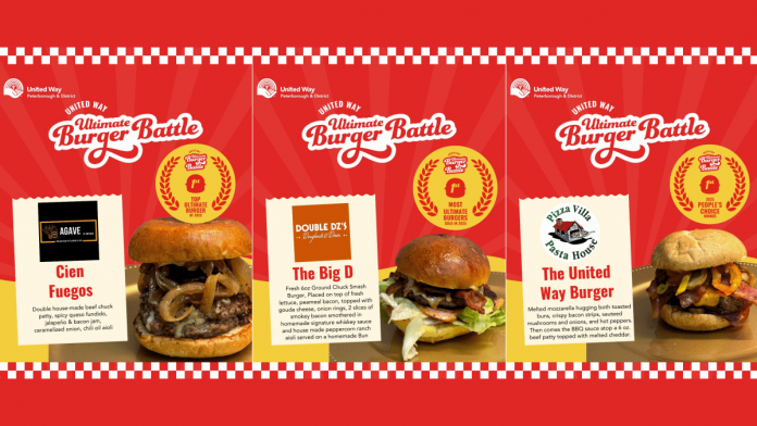 In the United Way Peterborough & District's first-ever Ultimate Burger Battle fundraiser during November 2025, Agave By Imperial in Peterborough won the Top Ultimate Burger of the Year award for its "Cien Fuegos" burger, Double Dz's Diner in Peterborough won the Most Ultimate Burgers Sold award for its "The Big D" burger, and Pizza Villa & Pasta House in Bridgenorth won the People's Choice Ultimate Burger award for its "The United Way Burger." (Graphics: United Way Peterborough & District)