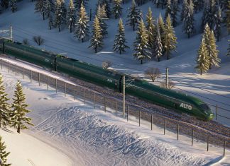 A rendering of an Alto high-speed train. The proposed high-speed rail network linking Toronto and Quebec City with a stop in Peterborough would see up to 72 trains per day running on dedicated electric tracks at speeds 300 kilometres per hour or more, cutting current travel times in half. (Image: Alto)