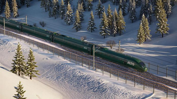 A rendering of an Alto high-speed train. The proposed high-speed rail network linking Toronto and Quebec City with a stop in Peterborough would see up to 72 trains per day running on dedicated electric tracks at speeds of up to 300 kilometres per hour, cutting current travel times in half. (Image: Alto)