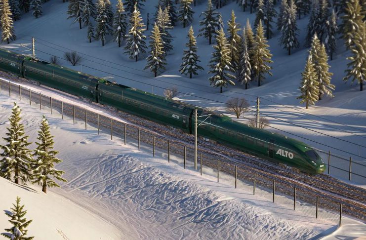 A rendering of an Alto high-speed train. The proposed high-speed rail network linking Toronto and Quebec City with a stop in Peterborough would see up to 72 trains per day running on dedicated electric tracks at speeds 300 kilometres per hour or more, cutting current travel times in half. (Image: Alto)