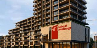 A rendering of Ashburnham Realty's proposed 17-storey apartment building to be located on Crescent Street in Peterborough, from EcoVue Consulting's notice of an open house about the proposed development held on September 23, 2025. The rendering includes what the notice describes as "the potential new location of the Art Gallery of Peterborough." (Graphic via EcoVue Consulting)