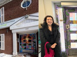 Artist Mickaela Baker with the mural she created on both sides of the entrance to the Canadian Mental Health Association Haliburton, Kawartha, Pine Ridge (CMHA HKPR) office at 466 George Street North in downtown Peterborough. CMHA HKPR comessioned the work with the purpose of creating a welcoming and inclusive entryway for people accessing mental health care. (Photos courtesy of CMHA HKPR)