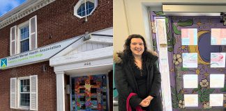 Artist Mickaela Baker with the mural she created on both sides of the entrance to the Canadian Mental Health Association Haliburton, Kawartha, Pine Ridge (CMHA HKPR) office at 466 George Street North in downtown Peterborough. CMHA HKPR comessioned the work with the purpose of creating a welcoming and inclusive entryway for people accessing mental health care. (Photos courtesy of CMHA HKPR)
