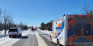 The driver of one of two vehicles involved in a collision on County Road 48 west of Coboconk on January 31, 2026 was airlifted to hospital with serious injuries. (Photo: Kawartha Lakes OPP)