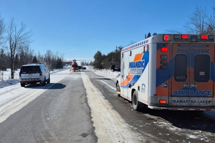 The driver of one of two vehicles involved in a collision on County Road 48 west of Coboconk on January 31, 2026 was airlifted to hospital with serious injuries. (Photo: Kawartha Lakes OPP)