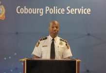 Cobourg deputy police chief Jeff Haskins pictured during a media conference in 2022. (kawarthaNOW screenshot of Cobourg Police Services video)