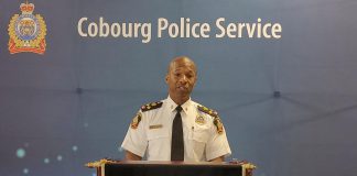 Cobourg deputy police chief Jeff Haskins pictured during a media conference in 2022. (kawarthaNOW screenshot of Cobourg Police Services video)