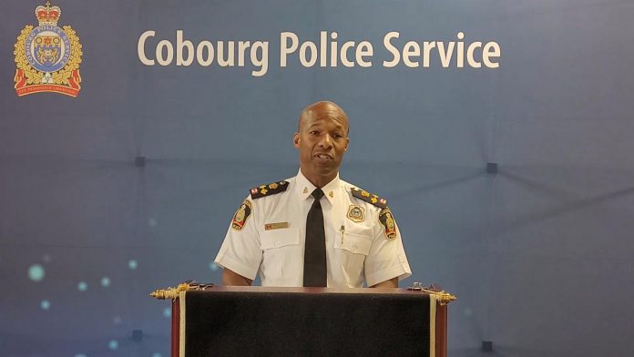 Cobourg deputy police chief Jeff Haskins pictured during a media conference in 2022. (kawarthaNOW screenshot of Cobourg Police Services video)