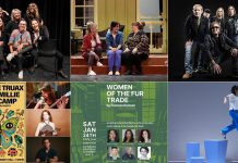 encoreNOW for January 12, 2026 features (from left to right, top and bottom) Girls Nite Out stand-up comedy and improv show at Peterborough's Market Hall, Peterborough Theatre Guild's production of "Where You Are" at the Guild Hall, Honeymoon Suite at Lindsay's Academy Theatre, three Peterborough Folk Festival emerging artists at the Market Hall, New Stages Theatre's staged reading of "Women of the Fur Trade" at the Market Hall, and Public Energy's presentation of "Rinse" at the Market Hall. (kawarthaNOW collage)