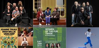 encoreNOW for January 12, 2026 features (from left to right, top and bottom) Girls Nite Out stand-up comedy and improv show at Peterborough's Market Hall, Peterborough Theatre Guild's production of "Where You Are" at the Guild Hall, Honeymoon Suite at Lindsay's Academy Theatre, three Peterborough Folk Festival emerging artists at the Market Hall, New Stages Theatre's staged reading of "Women of the Fur Trade" at the Market Hall, and Public Energy's presentation of "Rinse" at the Market Hall. (kawarthaNOW collage)