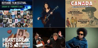 encoreNOW for January 26, 2026 features (from left to right, top and bottom) the 2026 ReFrame Film Festival in downtown Peterborough and online, Terra Lightfoot at Peterborough's Market Hall, Stories & Songs of Stompin' Tom with Whiskey Jack at Lindsay's Academy Theatre, Heartbreak Hits: Billboard In Concert at Port Hope's Capitol Theatre, the Peterborough Symphony Orchestra's "Stars of the Silver Screen" at Peterborough's Showplace, and Alex Cuba at Peterborough's Market Hall. (kawarthaNOW collage)