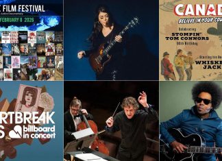 encoreNOW for January 26, 2026 features (from left to right, top and bottom) the 2026 ReFrame Film Festival in downtown Peterborough and online, Terra Lightfoot at Peterborough's Market Hall, Stories & Songs of Stompin' Tom with Whiskey Jack at Lindsay's Academy Theatre, Heartbreak Hits: Billboard In Concert at Port Hope's Capitol Theatre, the Peterborough Symphony Orchestra's "Stars of the Silver Screen" at Peterborough's Showplace, and Alex Cuba at Peterborough's Market Hall. (kawarthaNOW collage)