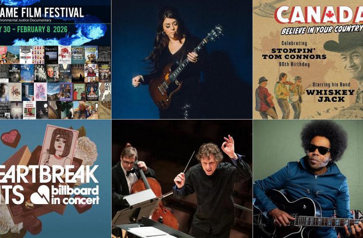 encoreNOW for January 26, 2026 features (from left to right, top and bottom) the 2026 ReFrame Film Festival in downtown Peterborough and online, Terra Lightfoot at Peterborough's Market Hall, Stories & Songs of Stompin' Tom with Whiskey Jack at Lindsay's Academy Theatre, Heartbreak Hits: Billboard In Concert at Port Hope's Capitol Theatre, the Peterborough Symphony Orchestra's "Stars of the Silver Screen" at Peterborough's Showplace, and Alex Cuba at Peterborough's Market Hall. (kawarthaNOW collage)