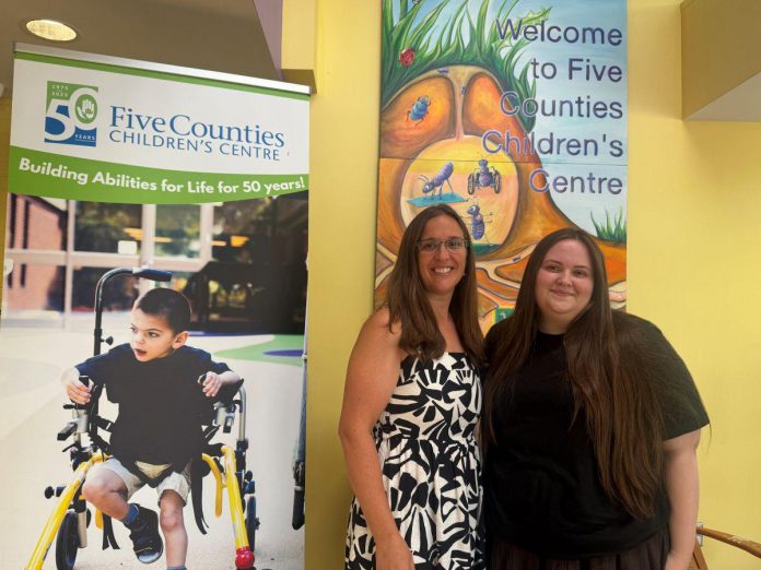 Five Counties Children's Centre occupational therapist Ashley Parsons with former Fleming College student and graphic designer Taylor Polley, the creative genius behind the "Rethink Therapy" awareness campaign who developed the tagline and other elements that Five Counties is using to encourage its families to think of treatment as happening in all places and spaces, not just within the walls of the centre. (Photo courtesy of Five Counties Children’s Centre)